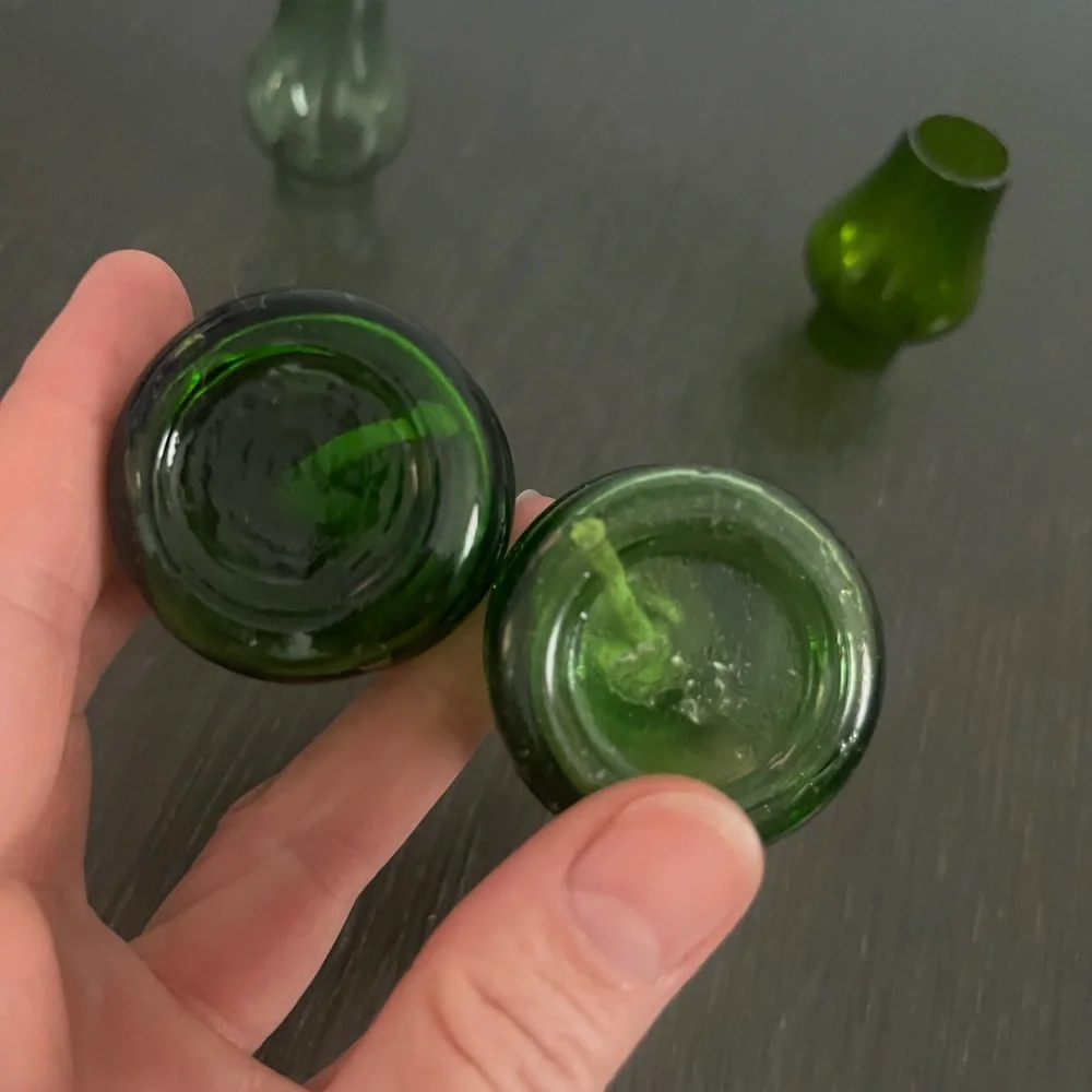 Two Vintage Miniature 4 inch Green Glass Oil Lantern Lamps Metal Decorative
